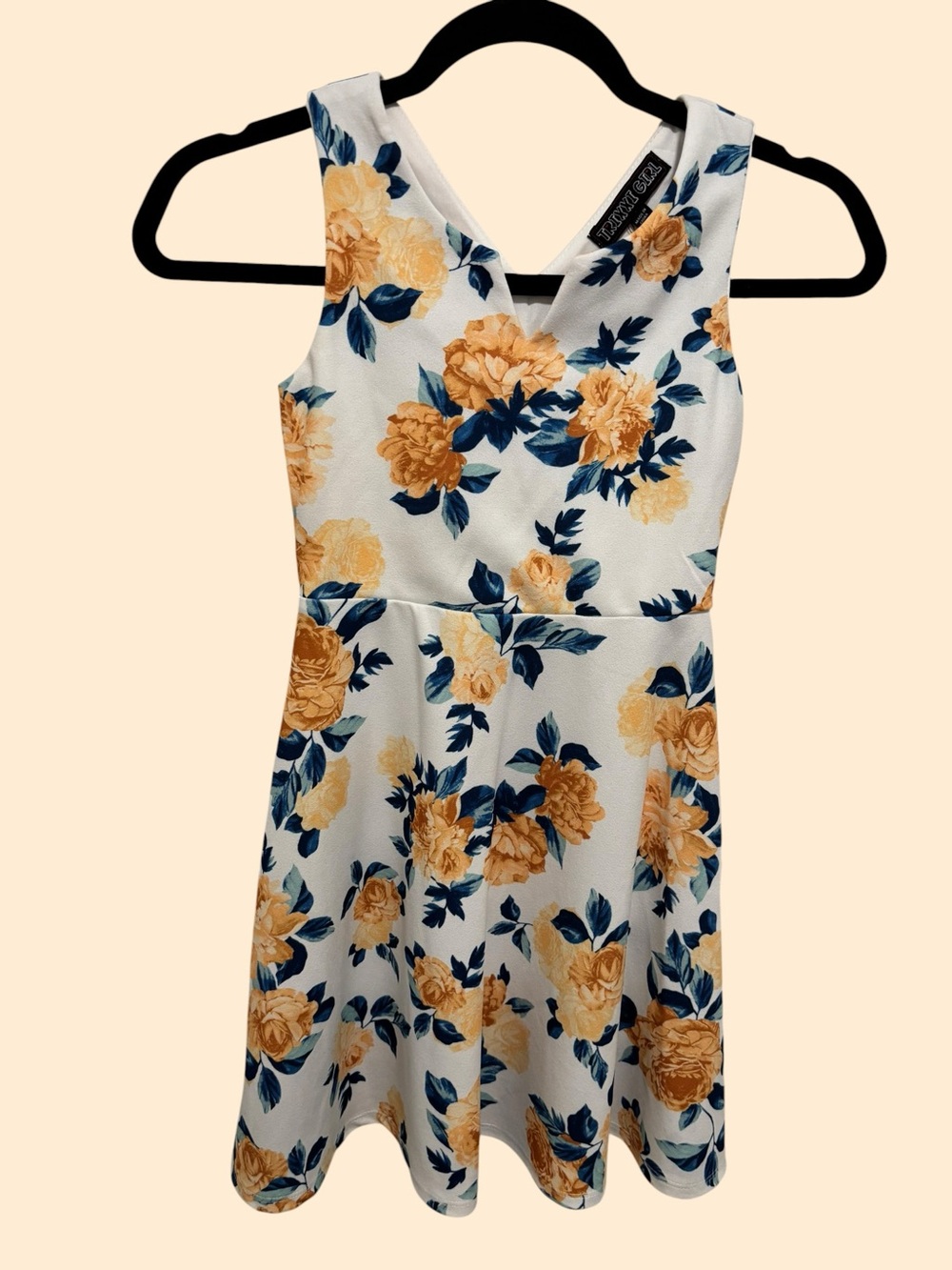 Floral V-Neck Fit & Flare Dress - White with Mustard & Navy Floral Size 10/12